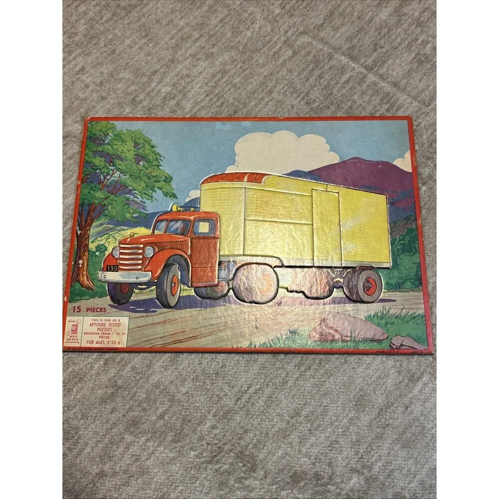 Vintage 1955 Milton Bradley Aptitude Tested Semi-Truck Frame Tray Puzzle